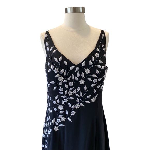 Vintage Black Embroidered Floral Beaded Mesh Evening Gown w/ Scarf | 90’s Y2K - Picture 3 of 11